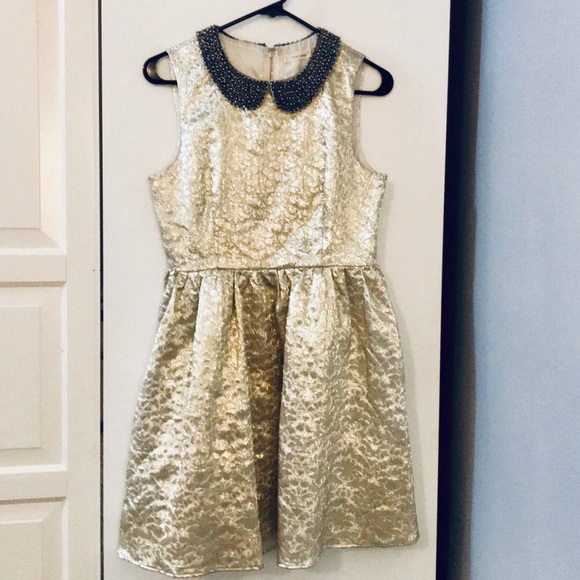 Gold foil sleeveless party dress w/ collar - Picture 3 of 5